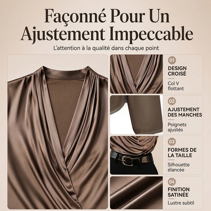⏳Liquidation totale⏳Haut féminin élégant en satin fluide avec col en V et drapé