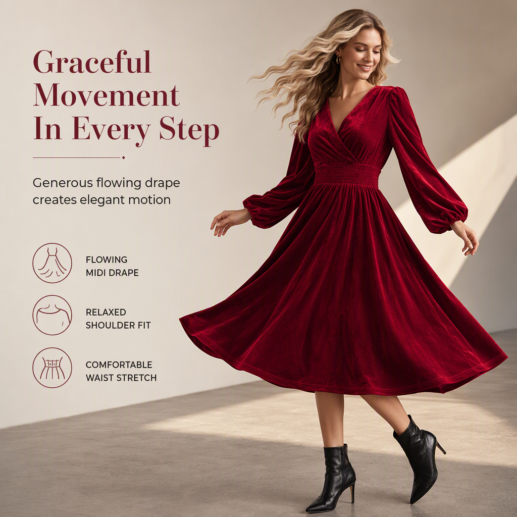 👜 -50 % sur toute la mode femme ! ✨Women's Solid Color Velvet V Neck Long Sleeve Maxi Dress