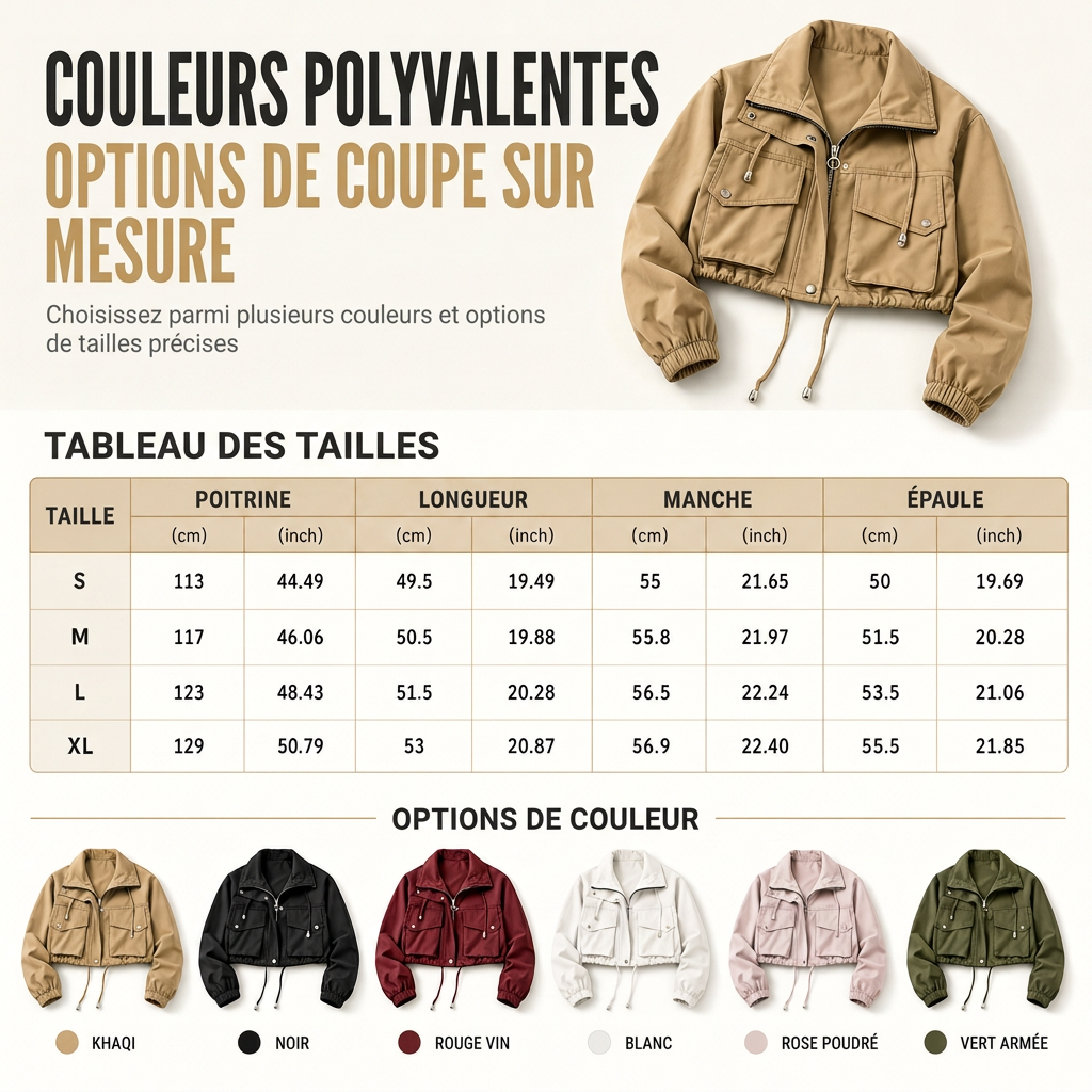 Coupe-vent femme à fermeture éclair courte et couleur unie, manteau d'automne