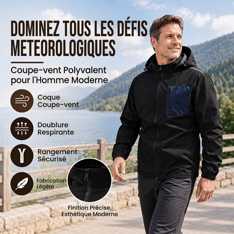 Blouson Coupe-Vent Extérieur pour Homme avec Capuche Amovible