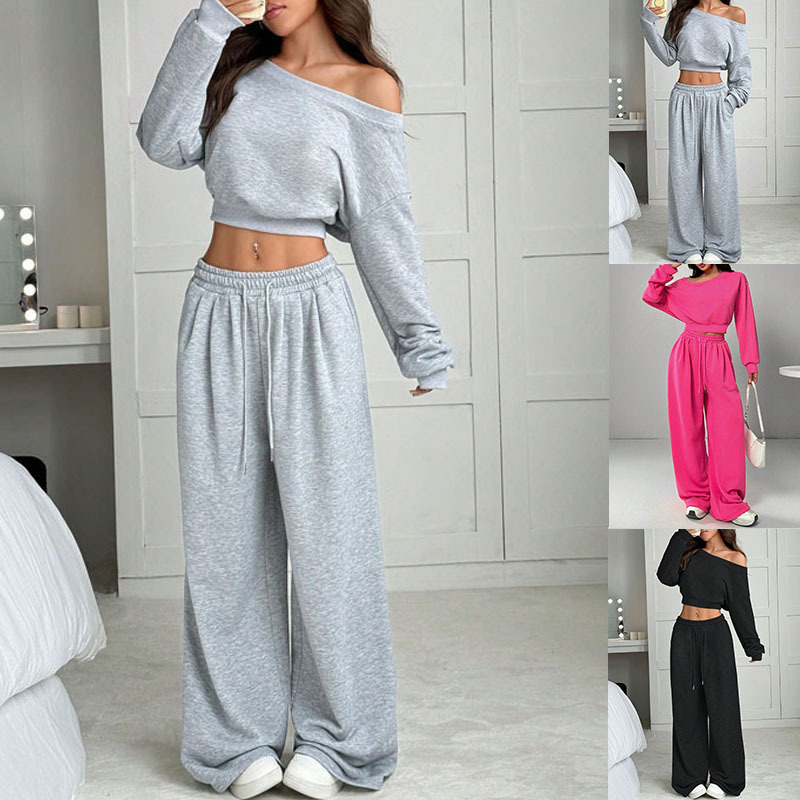 🔥 50% de réduction 🔥Ensemble de sweat-shirt épaules dénudées et pantalon à jambes larges pour femme