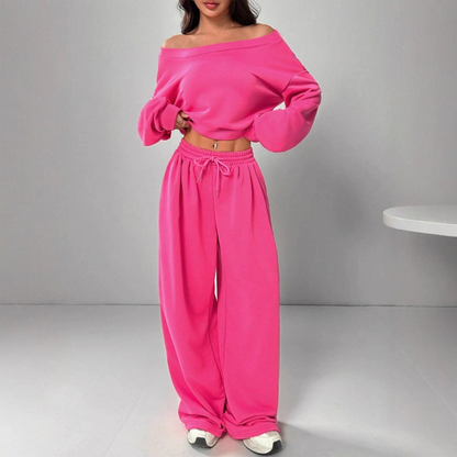 🔥 50% de réduction 🔥Ensemble de sweat-shirt épaules dénudées et pantalon à jambes larges pour femme