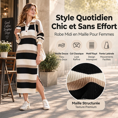 Robe Pull en Maille à Rayures et Col pour Femme