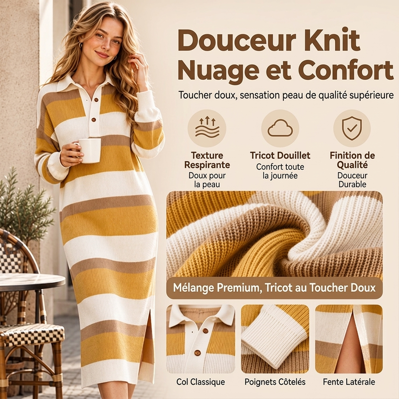 Robe Pull en Maille à Rayures et Col pour Femme