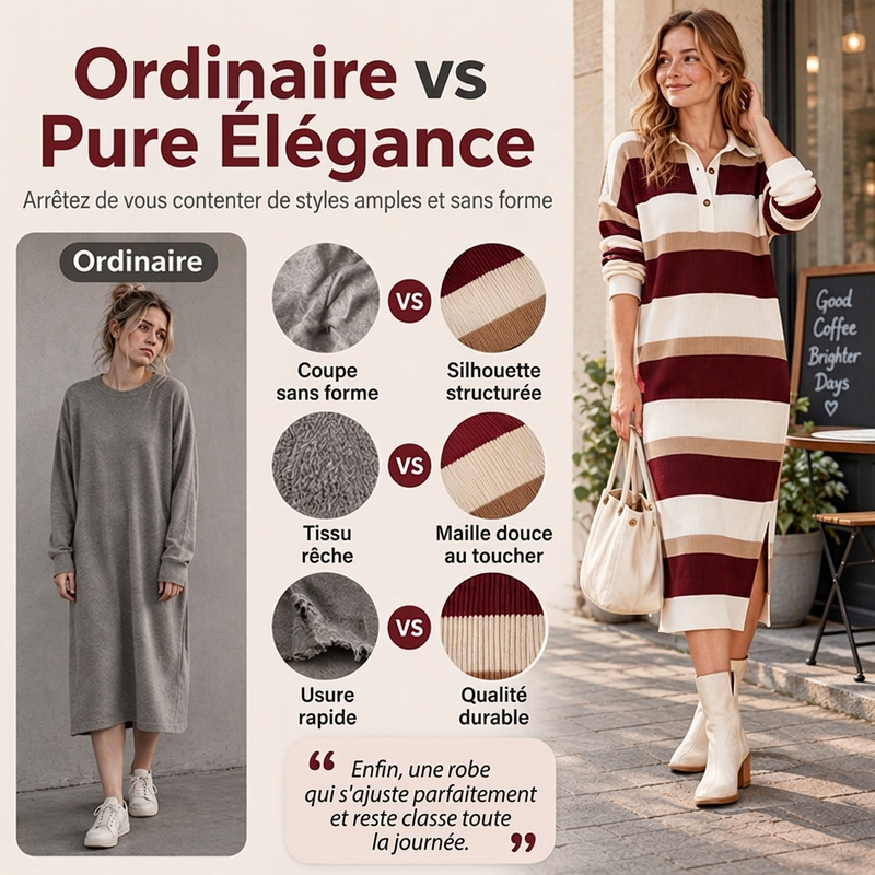 Robe Pull en Maille à Rayures et Col pour Femme