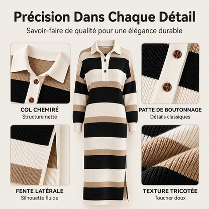Robe Pull en Maille à Rayures et Col pour Femme