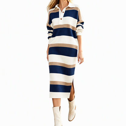Robe Pull en Maille à Rayures et Col pour Femme