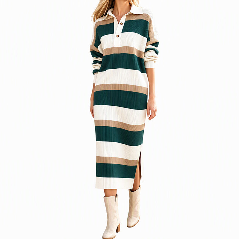 Robe Pull en Maille à Rayures et Col pour Femme