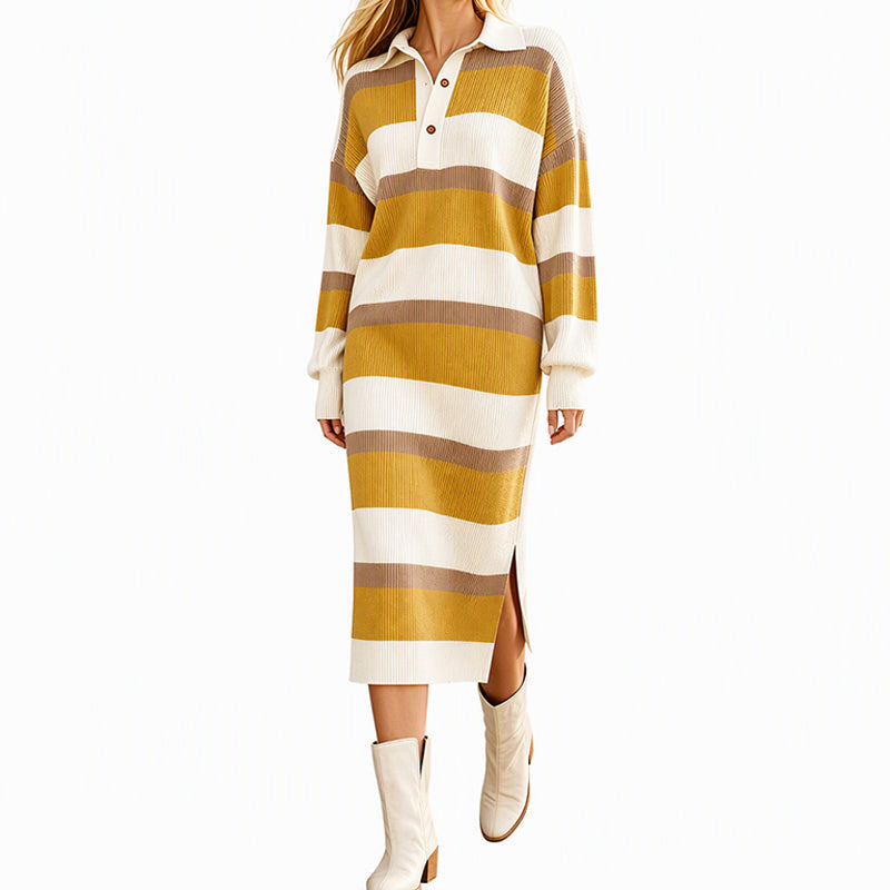 Robe Pull en Maille à Rayures et Col pour Femme