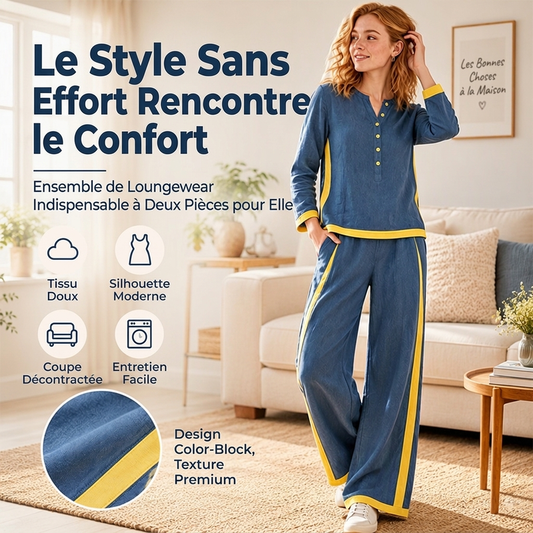 Ensemble femme haut à manches longues bloc de couleurs et pantalon large