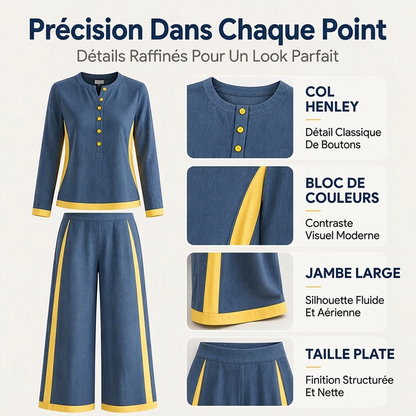 Ensemble femme haut à manches longues bloc de couleurs et pantalon large