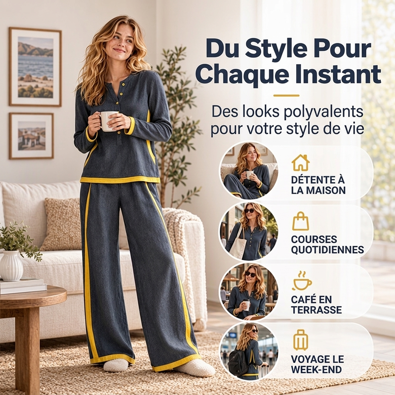 Ensemble femme haut à manches longues bloc de couleurs et pantalon large