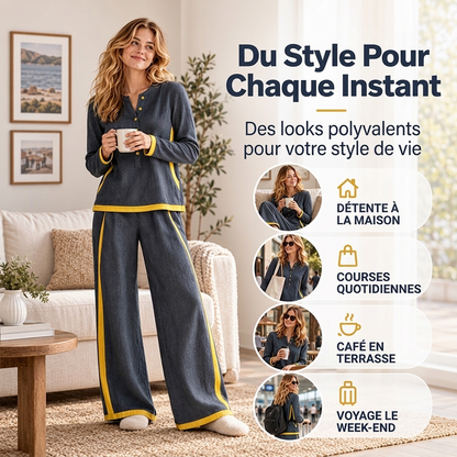 Ensemble femme haut à manches longues bloc de couleurs et pantalon large