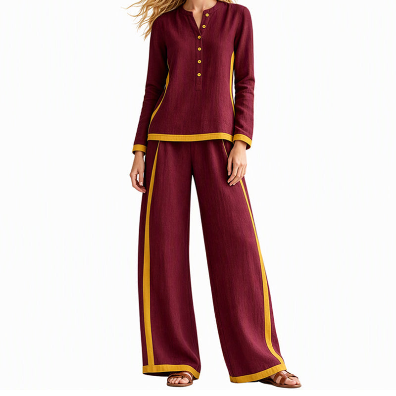 Ensemble femme haut à manches longues bloc de couleurs et pantalon large