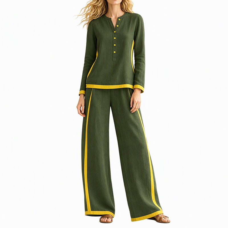 Ensemble femme haut à manches longues bloc de couleurs et pantalon large