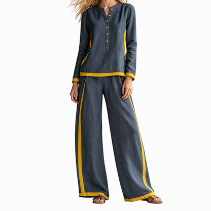 Ensemble femme haut à manches longues bloc de couleurs et pantalon large