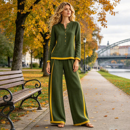 Ensemble femme haut à manches longues bloc de couleurs et pantalon large
