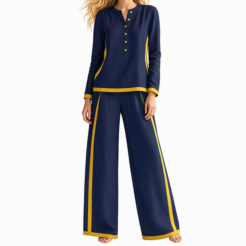 Ensemble femme haut à manches longues bloc de couleurs et pantalon large