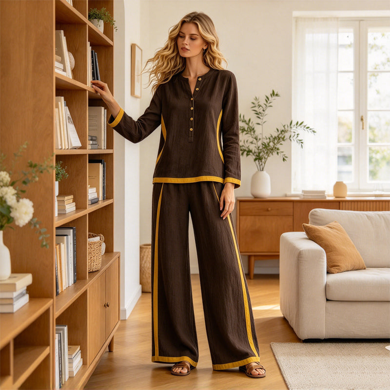 Ensemble femme haut à manches longues bloc de couleurs et pantalon large