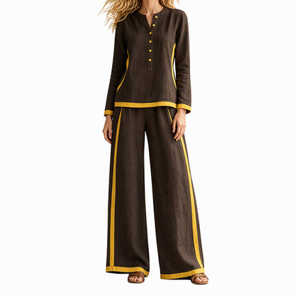 Ensemble femme haut à manches longues bloc de couleurs et pantalon large