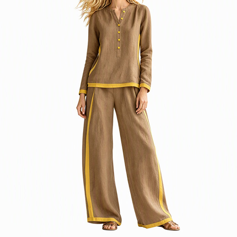 Ensemble femme haut à manches longues bloc de couleurs et pantalon large