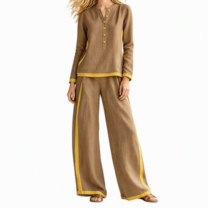 Ensemble femme haut à manches longues bloc de couleurs et pantalon large