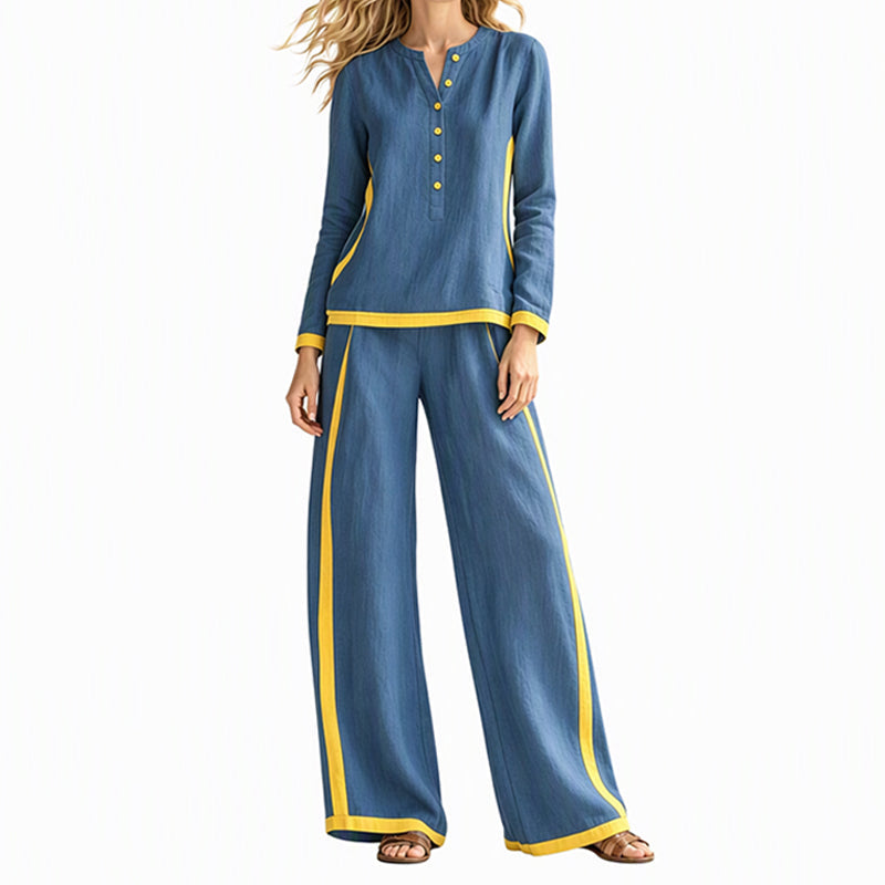 Ensemble femme haut à manches longues bloc de couleurs et pantalon large