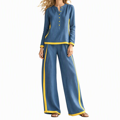 Ensemble femme haut à manches longues bloc de couleurs et pantalon large