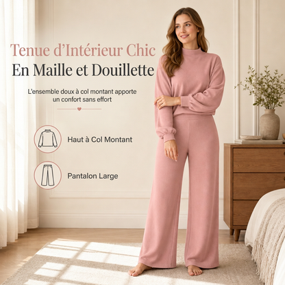 🔥 50% de réduction 🔥Ensemble de détente en maille deux pièces décontracté pour femmes, avec sweat-shirt à manches longues et col montant et pantalon taille haute à jambes larges