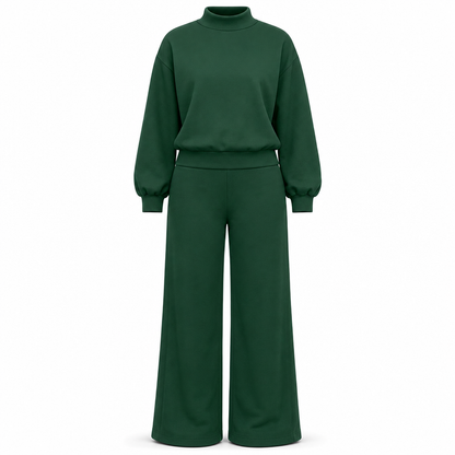 🔥 50% de réduction 🔥Ensemble de détente en maille deux pièces décontracté pour femmes, avec sweat-shirt à manches longues et col montant et pantalon taille haute à jambes larges