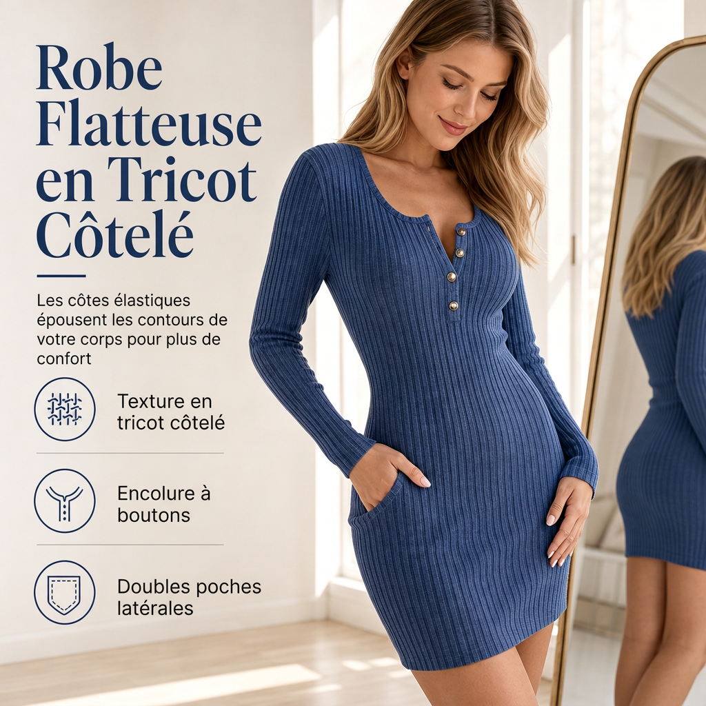 🔥 50% de réduction 🔥Robe moulante à manches longues unie pour femme, automne-hiver, avec boutons