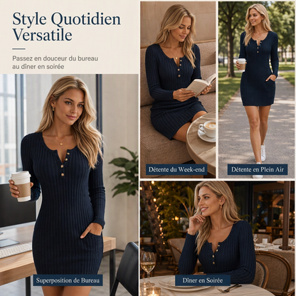 🔥 50% de réduction 🔥Robe moulante à manches longues unie pour femme, automne-hiver, avec boutons