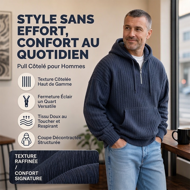 Sweat-shirt à capuche en velours côtelé demi-zip pour homme