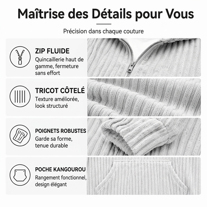 Sweat-shirt à capuche en velours côtelé demi-zip pour homme