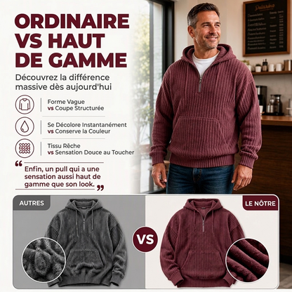 Sweat-shirt à capuche en velours côtelé demi-zip pour homme