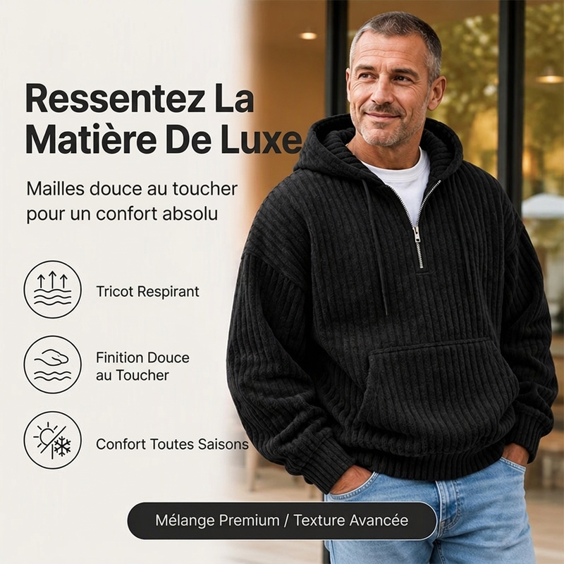 Sweat-shirt à capuche en velours côtelé demi-zip pour homme
