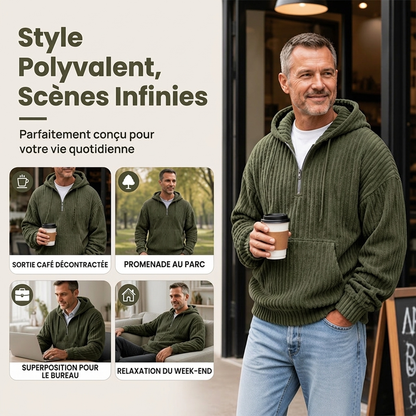 Sweat-shirt à capuche en velours côtelé demi-zip pour homme