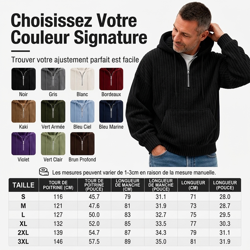 Sweat-shirt à capuche en velours côtelé demi-zip pour homme