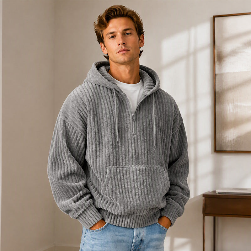 Sweat-shirt à capuche en velours côtelé demi-zip pour homme