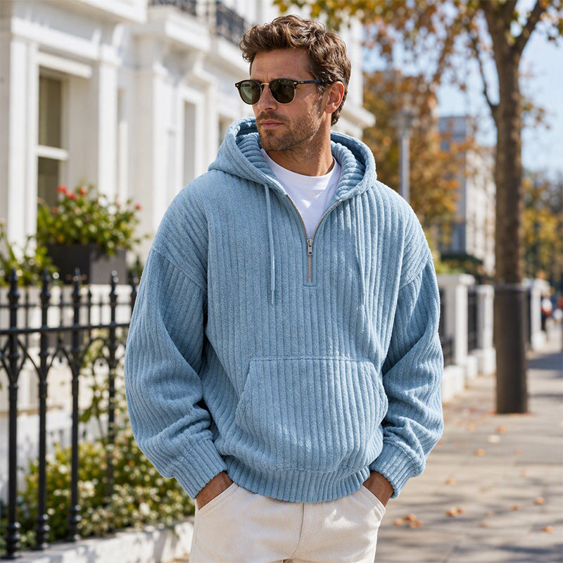 Sweat-shirt à capuche en velours côtelé demi-zip pour homme