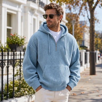 Sweat-shirt à capuche en velours côtelé demi-zip pour homme