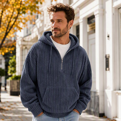 Sweat-shirt à capuche en velours côtelé demi-zip pour homme