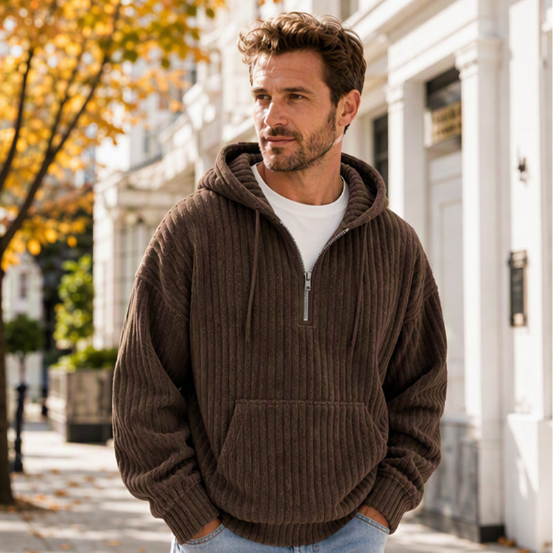 Sweat-shirt à capuche en velours côtelé demi-zip pour homme