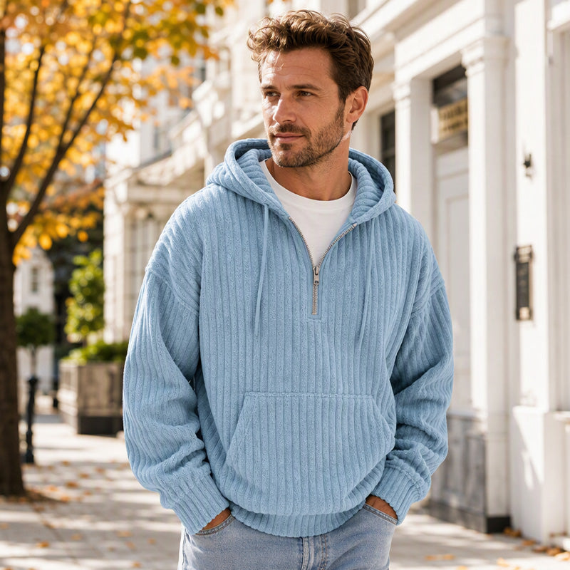 Sweat-shirt à capuche en velours côtelé demi-zip pour homme