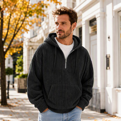 Sweat-shirt à capuche en velours côtelé demi-zip pour homme