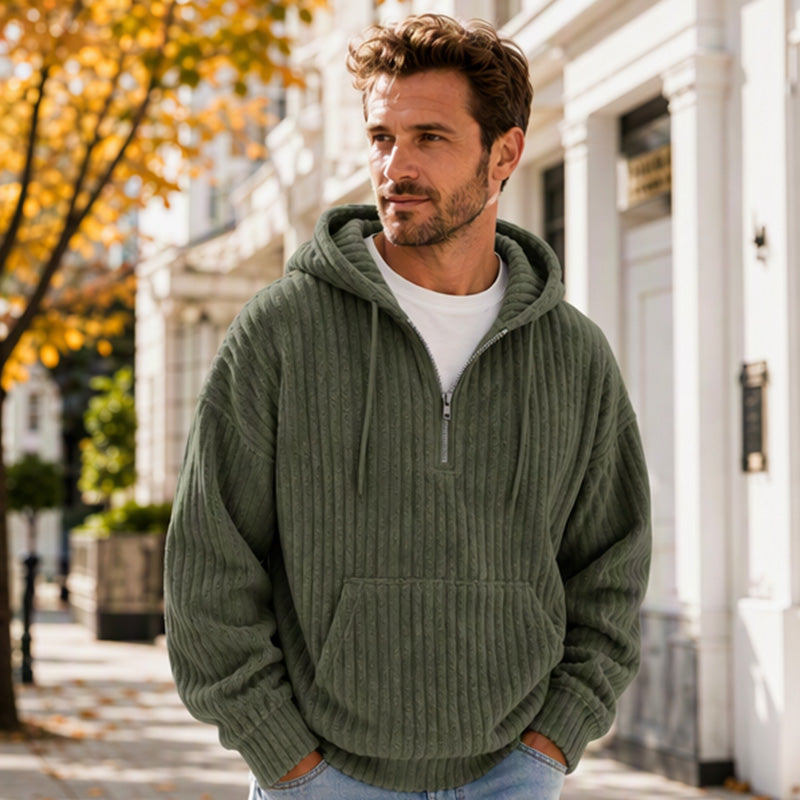 Sweat-shirt à capuche en velours côtelé demi-zip pour homme