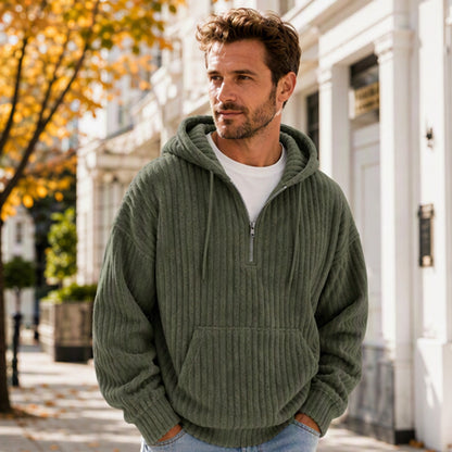 Sweat-shirt à capuche en velours côtelé demi-zip pour homme