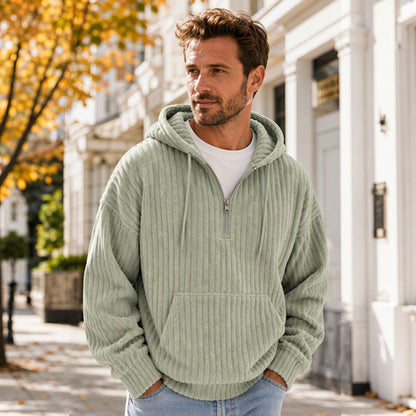 Sweat-shirt à capuche en velours côtelé demi-zip pour homme
