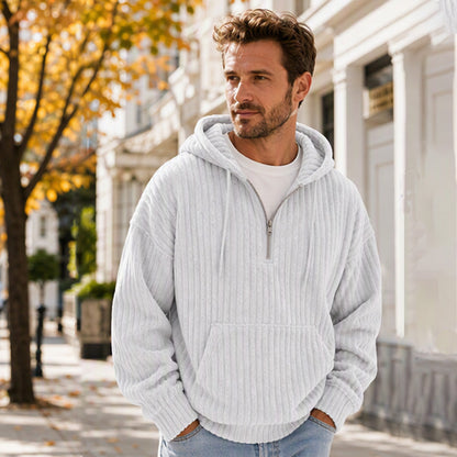 Sweat-shirt à capuche en velours côtelé demi-zip pour homme