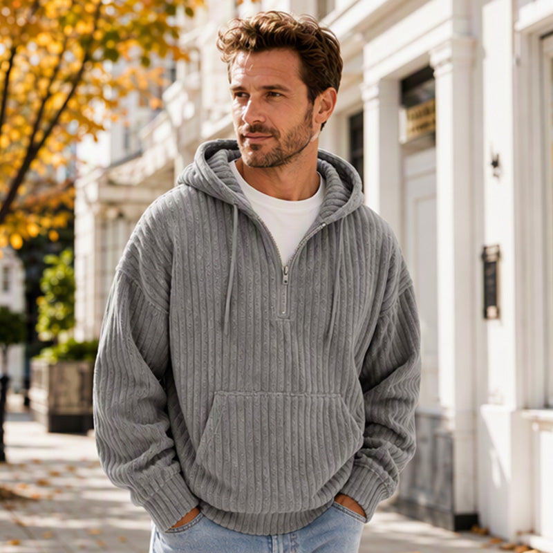 Sweat-shirt à capuche en velours côtelé demi-zip pour homme